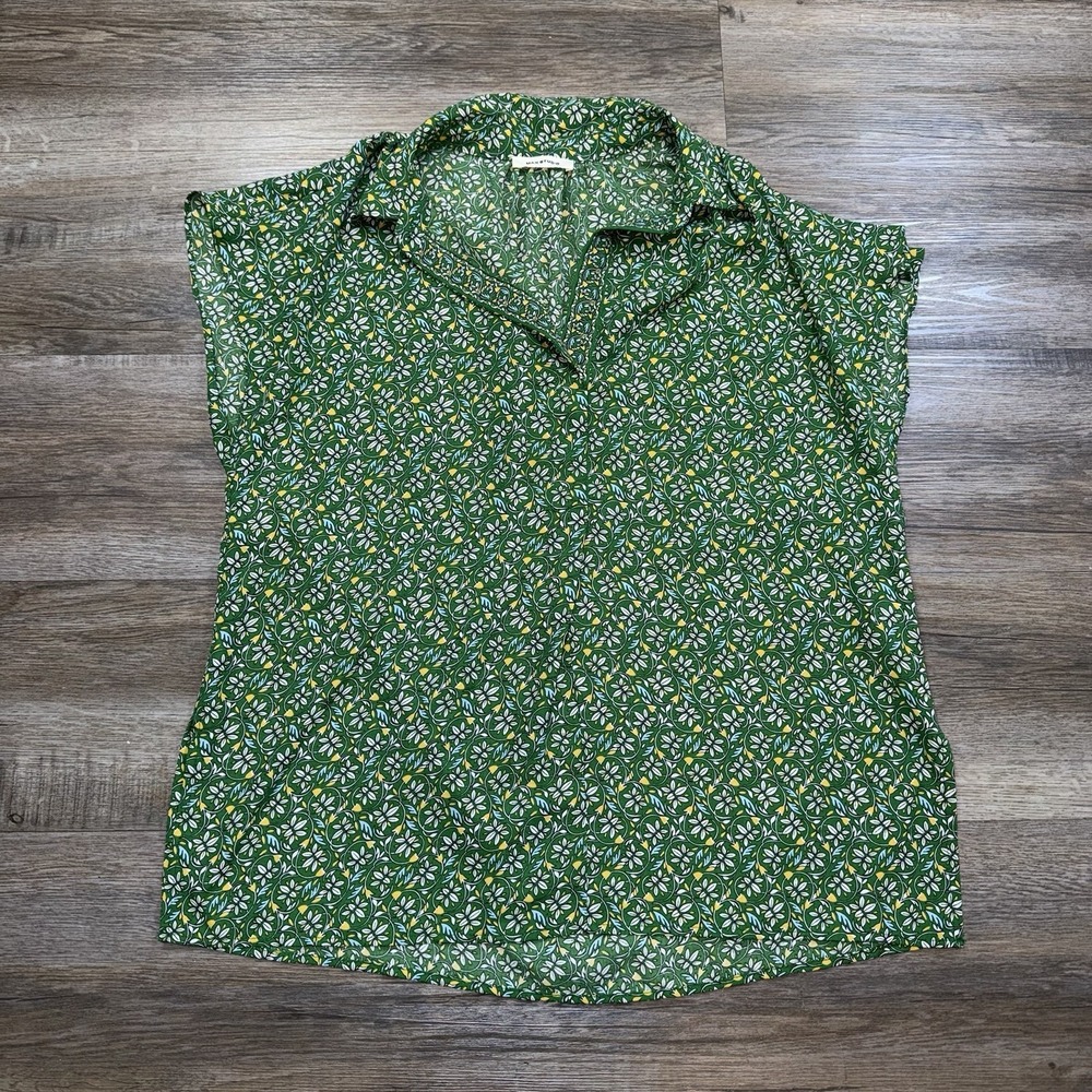 Max Studio Green Floral Print Short-Sleeve V-Neck Blouse Womens L Relaxed Fit